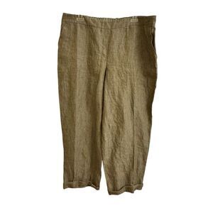 Lafayette 148 Linen Cuffed Cropped Pants Olive Green Elastic Waist XL